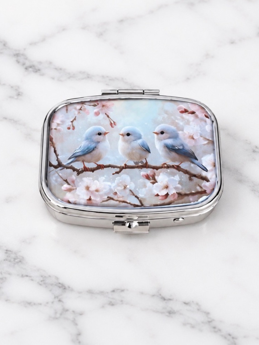 Blue Bird Theme Design Purse Pill Box/Travel Jewelry-Compact With Lidded Mirror